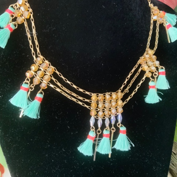 TASSEL FRINGE BEADED STATEMENT NECKLACE BOHO VIBE / GOLD FILAGREE CHAIN NEW - Picture 5 of 6